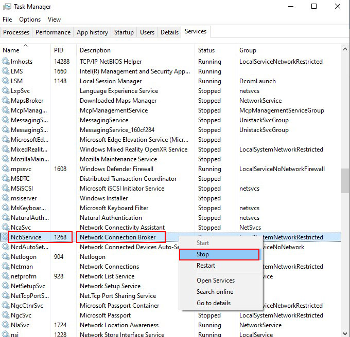 stop the service to fix the svchost high cpu usage error