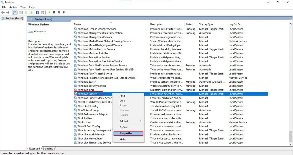 open services and right click on windows update to open it properties