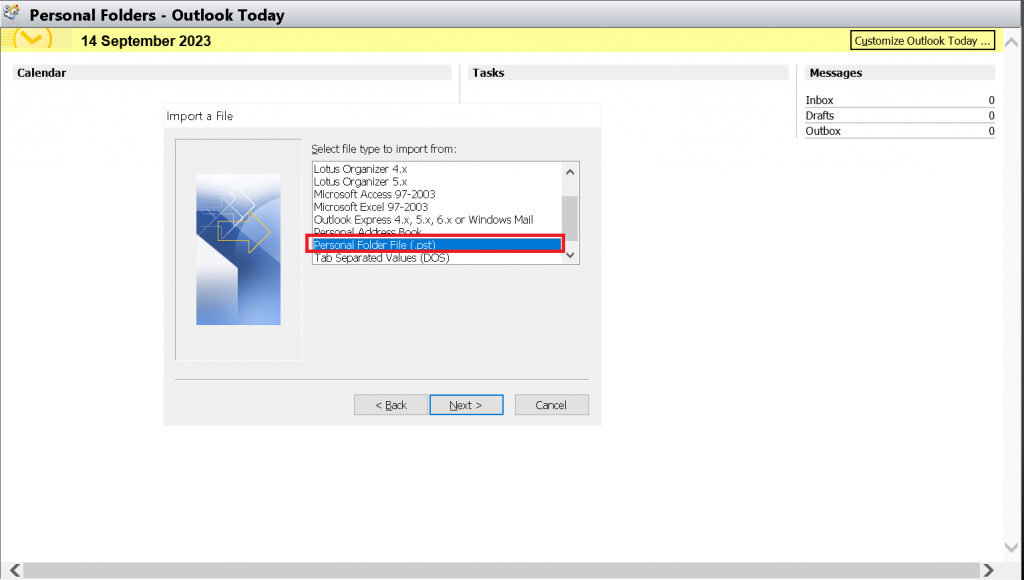 choose  the PST file format by clicking on "Personal Folder Files (.pst).
