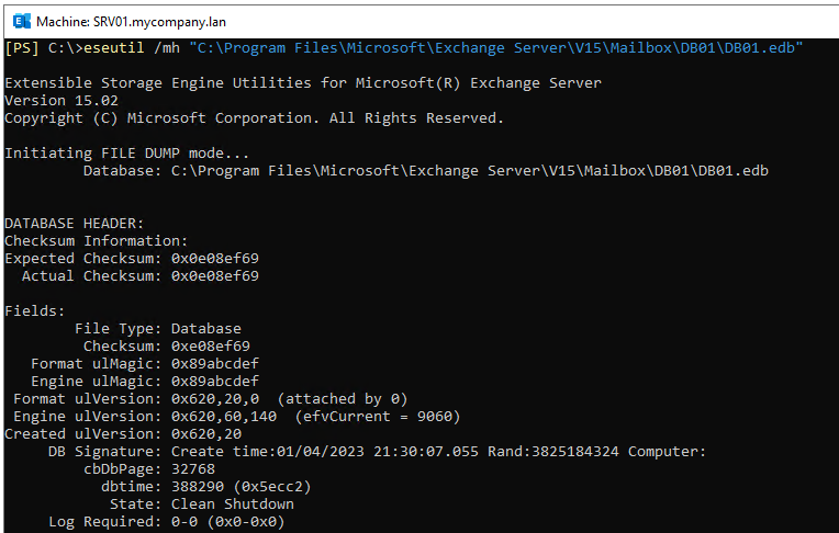run the following EseUtil command to check database health