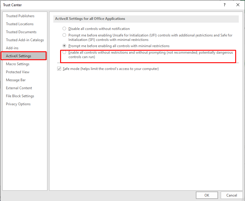 select enable all controls without restrictions under activexsettings