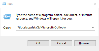 Press Windows + R, type %localappdata%/Microsoft/Outlook/ and press the Enter key to show the PST file location.