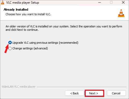 Actualizar VLC con la configuración anterior