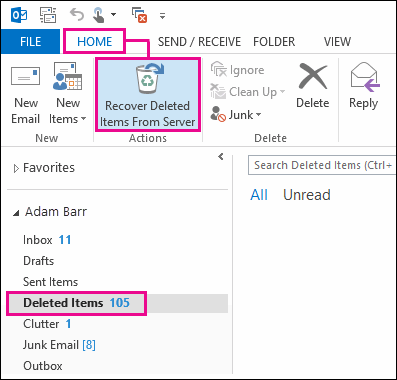 From the available deleted items find and choose the disappeared mail folder