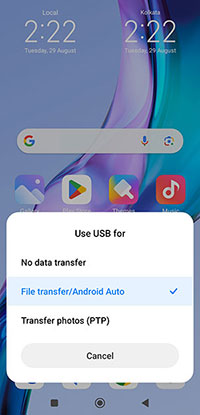 choose the radio button next to the File Transfer/Android Auto option