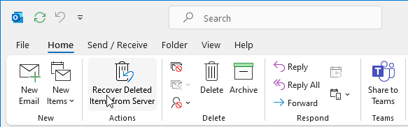 click Home and then click Recover Deleted Items from Server