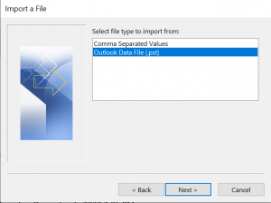 Select Outlook Data File (.pst) and click on Next.