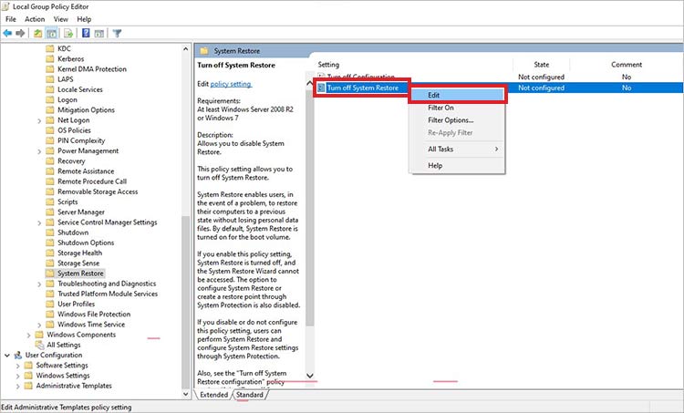 edit the system restore policy