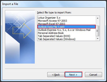 Choose Outlook Data File .pst as the file type and click Next