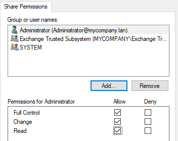 Click on Permissions and add the Exchange Trusted Subsystem and System as Full Control