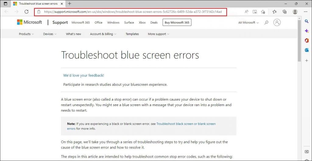 open the microsoft online blue screen troubleshooter