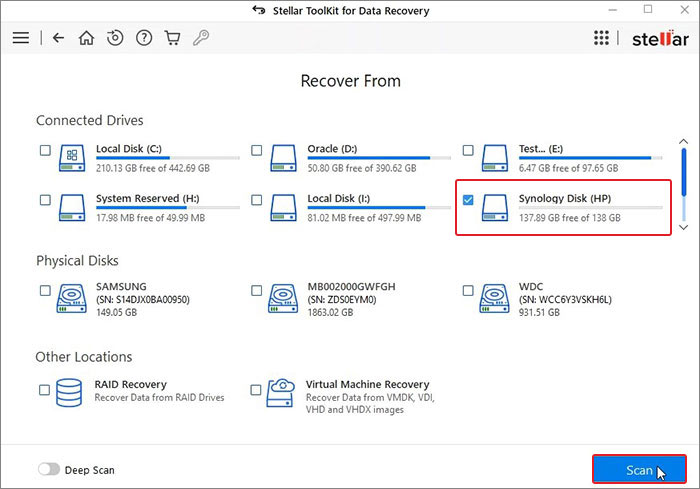 select Synology Disk and click Scan 1