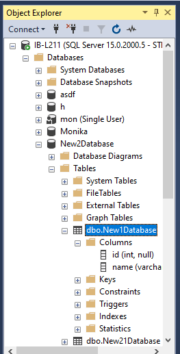 table and columns in database