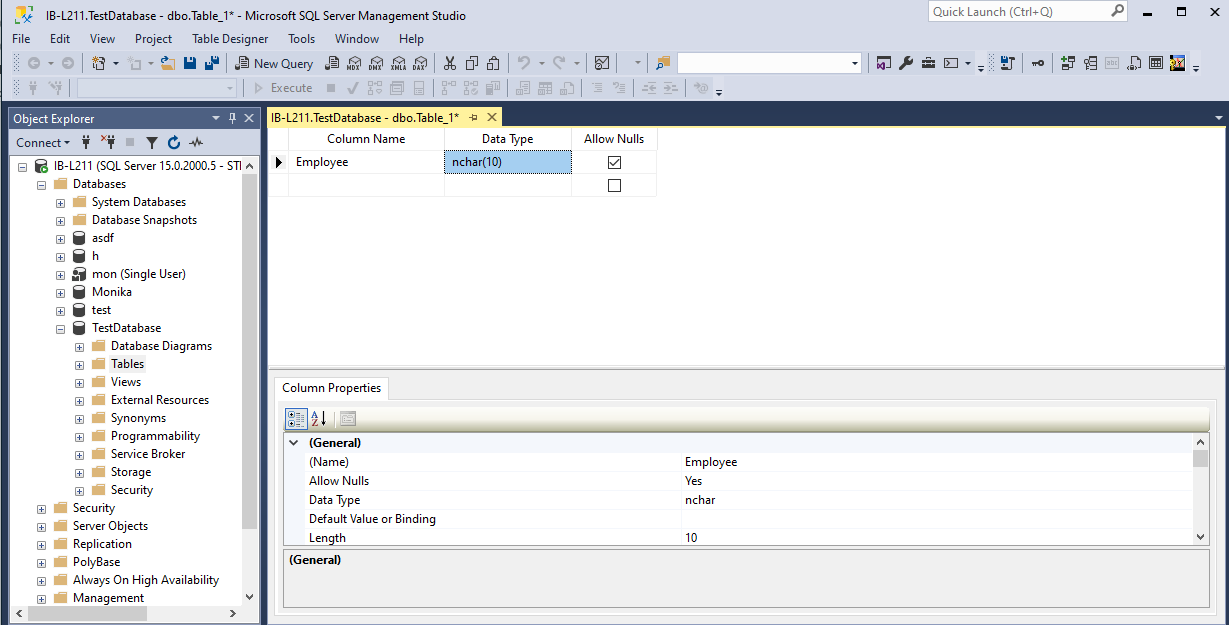 table creation in ssms