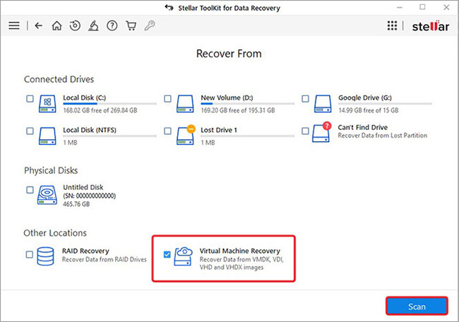 Click on virtual machine recovery to recover data from vmc crashed due to a purple screen of death 