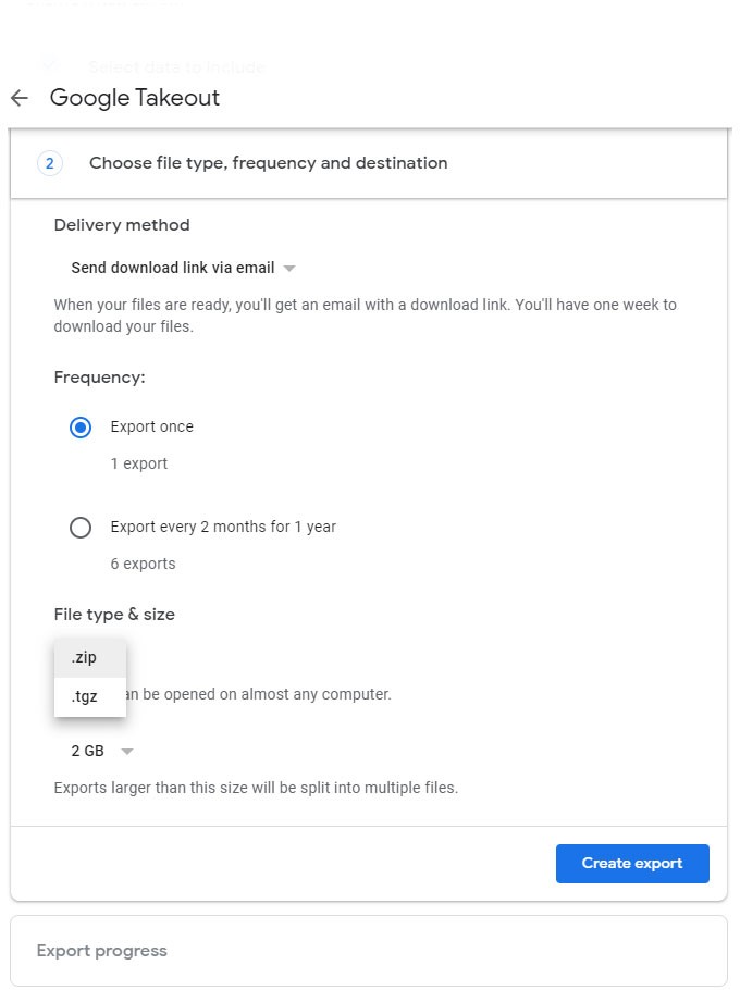 Create Export Google Takeout Option