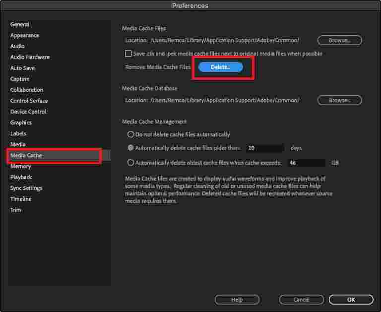 delete cache media files to fix premiere pro video not playing 