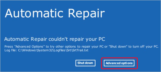 On the startup repair couldn't repair your pc screen, click on advanced options