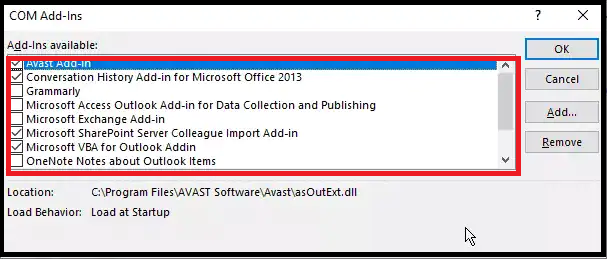 Select Addins in Outlook