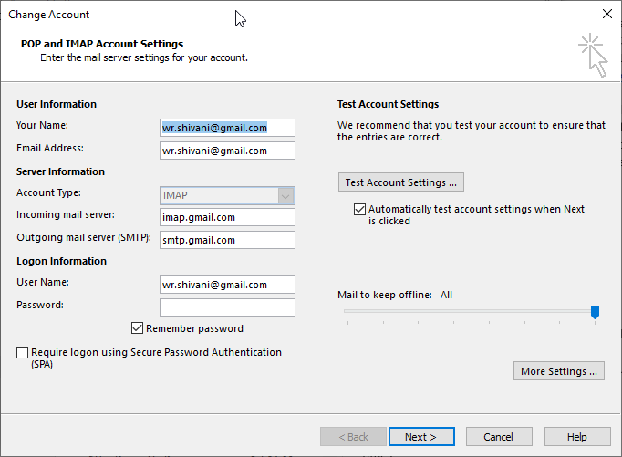 SMTP Account Settings in Outlook