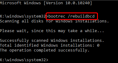 run the bootrec command to fix the 0xc0000185 error