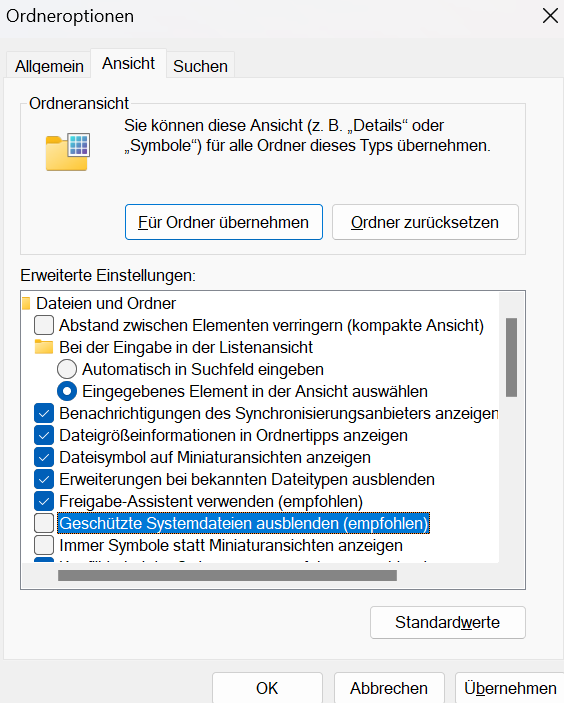 Gesch&uuml;tzte Systemdateien ausblenden