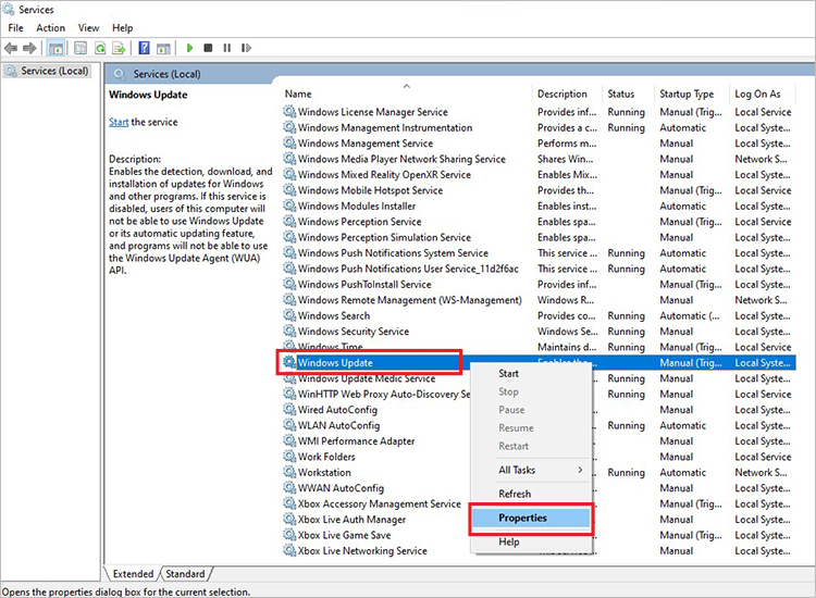 open windows update service properties