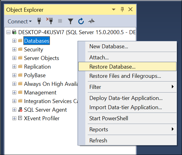 Go to Object Explorer and right-click on Databases. Then, select the Restore Database option.