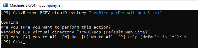 Remove-ECPVirtualDirectory "<server name>\<ecp virtual directory>"