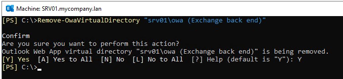 Remove-OwaVirtualDirectory "<server name>\owa (Exchange back end)”
