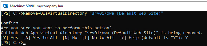 Remove-OwaVirtualDirectory "<server name>\<owa virtual directory>"