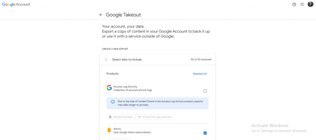 open the Google Takeout page