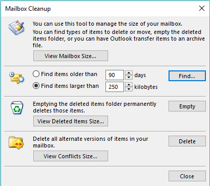 View your current mailbox size by clicking on the ‘View Mailbox Size button