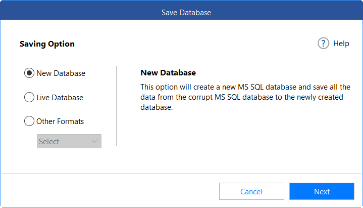 saving options to save the repaired database