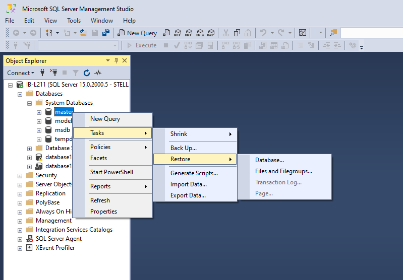 Click Tasks, select Restore, and then click Transaction Log