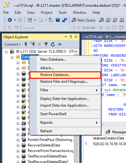 Right-click on the Databases and select Restore Database