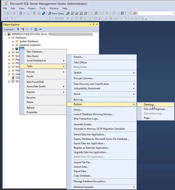 select Tasks > Restore > Database