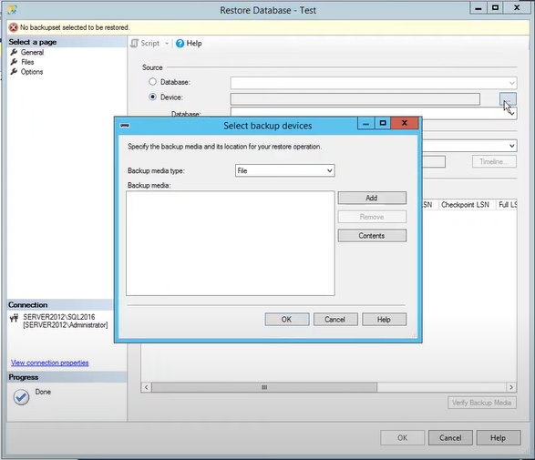 Select backup devices’ dialog box opens