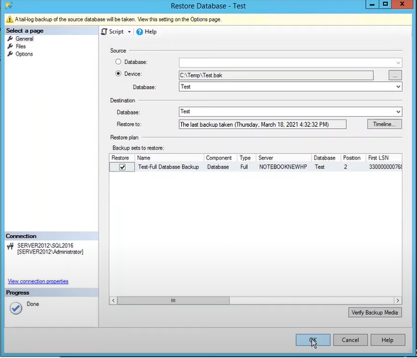 Restore Database’ window