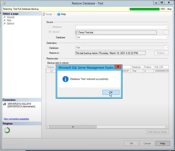 Database restored successfully