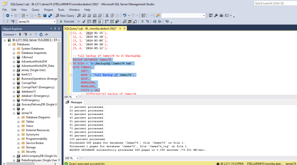 T-SQL commands to create a full backup