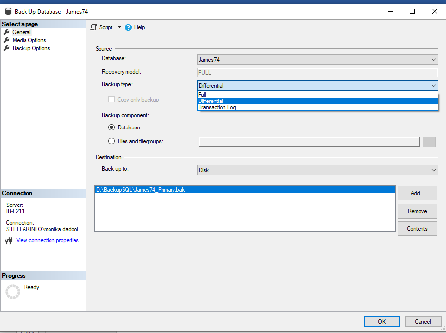 select Differential backup