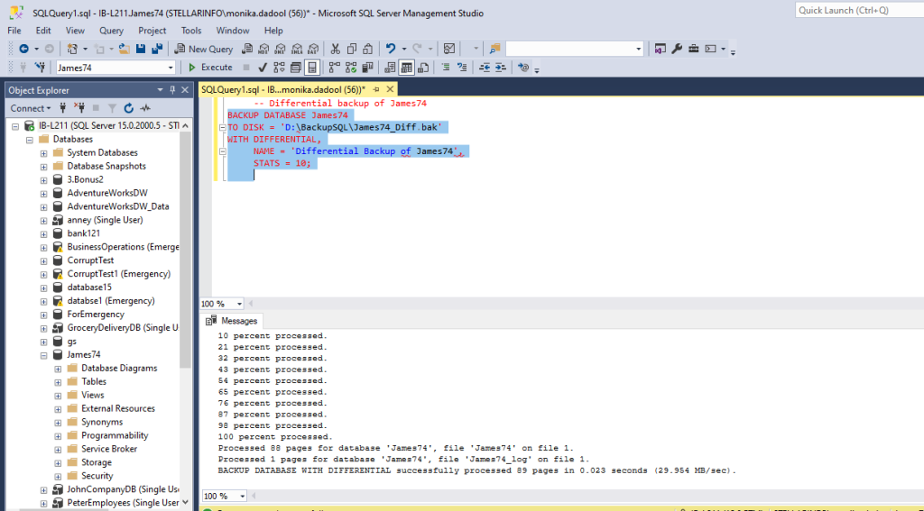 Use query to create a differential backup