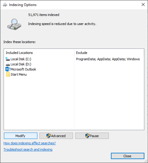 Modify in Indexing options window
