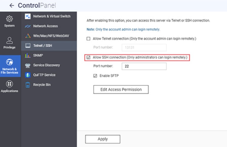 Click on Allow SSH connection