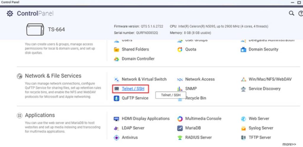 open control panel on your QNAP NAS device to enable the SSH protocol