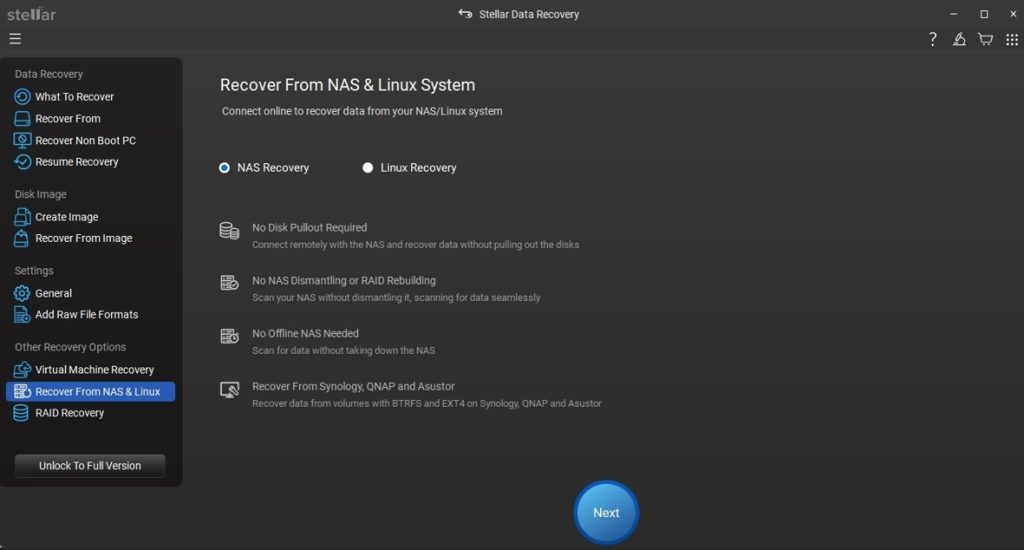 select the NAS recovery option
