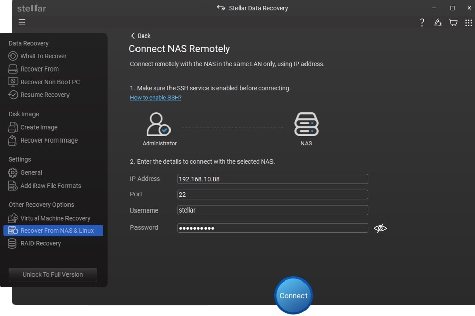 connect with the nas remotely using the ssh protocol