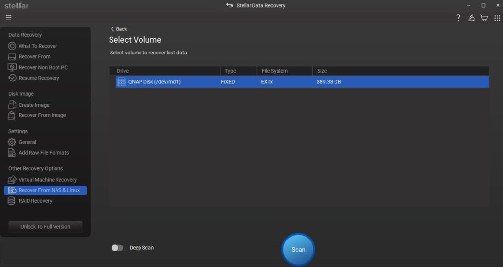 select the NAS volume to recover deleted files