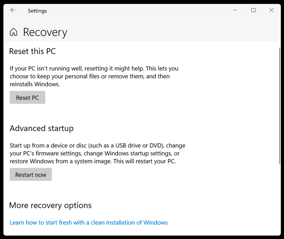 click Reset PC and follow the instructions to complete the process